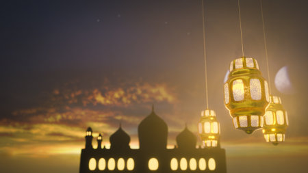 3d rendering Eid Mubarak Ramadan art night mosque and crescent decorationsの写真素材
