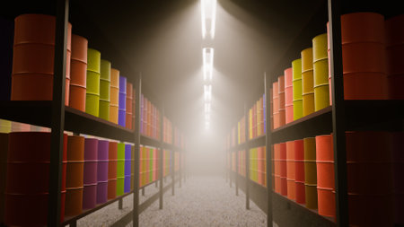 Shelves Stacked with Barrels Inside a Warehouse 3D Renderingの写真素材