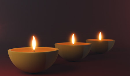 3d render Diya lamp with fire lighting for Diwali, Deepavali or Dipavali, the indian A festival of lights on color backgroundの写真素材