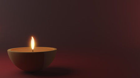 3d render Diya lamp with fire lighting for Diwali, Deepavali or Dipavali, the indian A festival of lights on color backgroundの写真素材