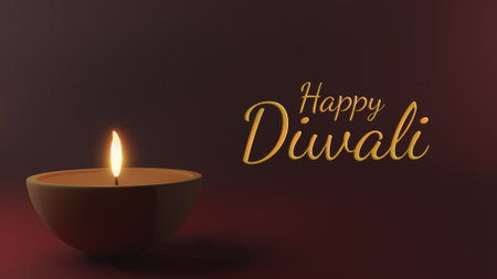 3d render Diya lamp with fire lighting for Diwali, Deepavali or Dipavali, the indian A festival of lights on color backgroundの写真素材