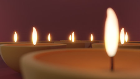 3d render Diya lamp with fire lighting for Diwali, Deepavali or Dipavali, the indian A festival of lights on color backgroundの写真素材