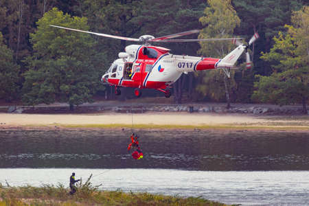 Pilsen, Czech republic - 10/07/2021: Helicopter PZL W-3 SokÃ³Å of Czech air force in rescue colorsのeditorial素材