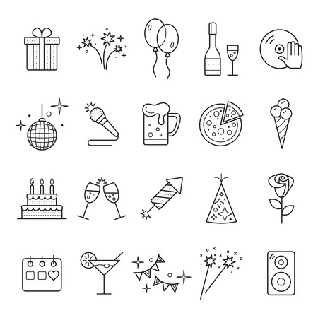 Outline web icon set - Party, Birthday, Holidays.  Event and Celebration Outline Icons.のイラスト素材