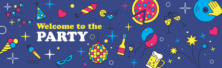 Happy Birthday Card. Confetti, cute fonts, masks. Kids birthday party . Poster to birthday celebration. Party . Party celebration or Template design for Musical Party celebration.のイラスト素材