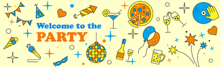 Happy Birthday Card. Confetti, cute fonts, masks. Kids birthday party . Poster to birthday celebration. Party . Party celebration  or Template design for Musical Party celebration.のイラスト素材