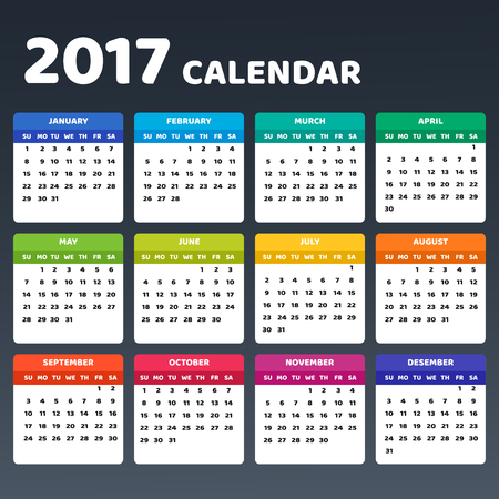Calendar for 2017 year. Vector design stationery template. Flat style color vector illustration.  Week starts from Sunday.のイラスト素材
