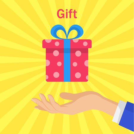 Hand holding pink gift box with blue bow. Concept of giving presents. Flat style vector illustration.のイラスト素材