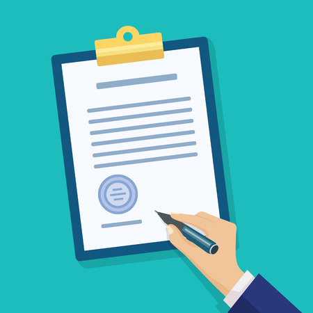 Male hand signing document. Hand filling checklist on clipboard. Modern flat design concept for web banners, web sites, printed materials, infographics.のイラスト素材