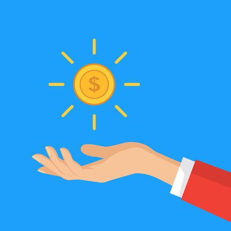 Hand holding dollar coin. Business concepts in flat style. Vector illustration with dollar.のイラスト素材