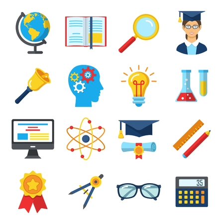 Set of colorful flat school and education icons.のイラスト素材