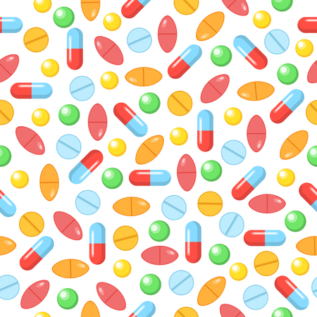 Colorful tablets with capsules.  Medical seamless pattern and pharmacy background.  Vector illustration in flat style.のイラスト素材