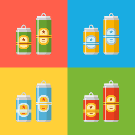 Beer set. A collection of beer cans in different colors on a colorful background. Isolated in a trendy flat style.のイラスト素材