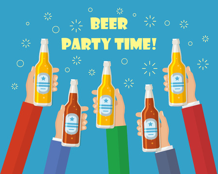 A lot of hands holding the beer bottles. Cheers. Concept for beer festivals and parties in a trendy flat style.のイラスト素材