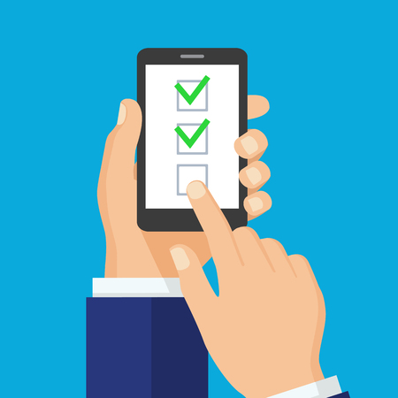 Checkboxes on smartphone screen. One hand holds smartphone and finger touch screen. Checkboxes and checkmarks. Modern concept for web sites, infographics. Flat design vector illustration.のイラスト素材