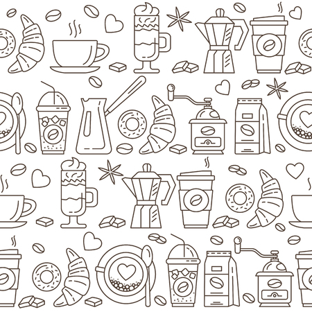 Coffee icons seamless pattern. Coffee house line icons. The elegant the template for fashion prints. Decorative backdrop for fabric, textile, wrapping paper, card, invitation, wallpaper, web design.のイラスト素材