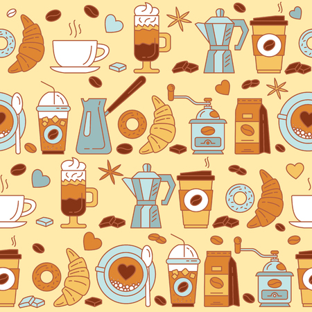 Coffee icons seamless pattern. Coffee house flat line icons. The elegant the template for fashion prints.のイラスト素材