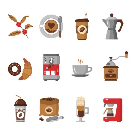 Coffee icons isolated on white background. Flat design modern vector illustration of icons for coffee shop and restaurant. Equipment coffee maker. Vector illustration.のイラスト素材