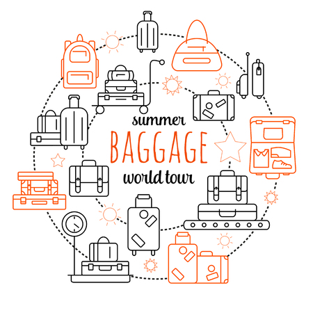 Luggage line icon set. Vector illustration of thin line icons for travel Icons, baggage, suitcase and luggage. Linear and color symbols set. Symbol for websites and print media. Editable stroke.のイラスト素材