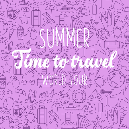Thin Line Style Vector Summer Illustration with travel icons.のイラスト素材