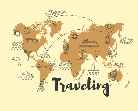 Travel integrated thin line symbols. Abstract World map banner. Travel time poster with sun, palm tree, starfish, cocktail, baggage, airplane and other symbols of summer vacation. Vector illustration.のイラスト素材