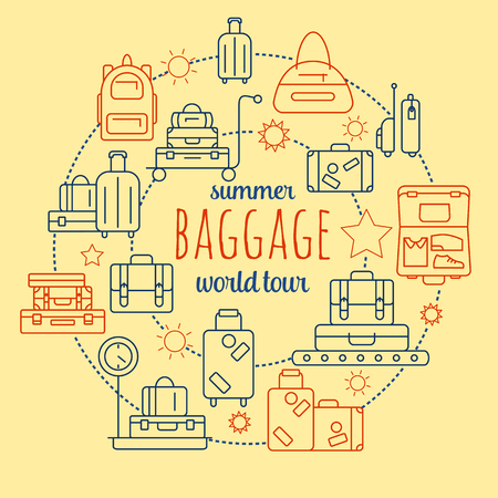 Luggage line icon set. Vector illustration of thin line icons for travel Icons, baggage, suitcase and luggage. Linear and color symbols set. Symbol for websites and print media. Editable stroke.のイラスト素材