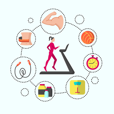 Fitness flat poster with outline line iconsのイラスト素材