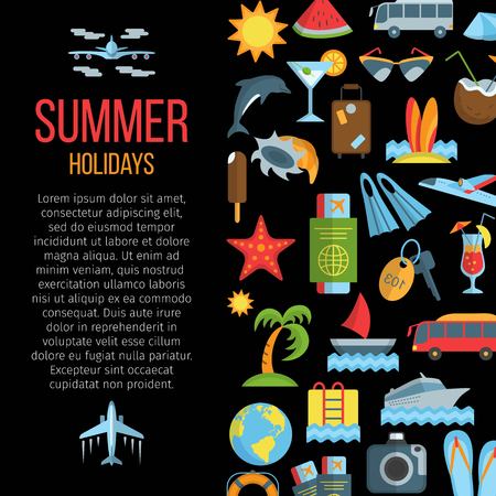 Around the World flat pattern with travel vacation and summer icons vector illustration. Colorful symbols of globe tickets keys bus airplane. Concept frame for web site print media appsのイラスト素材