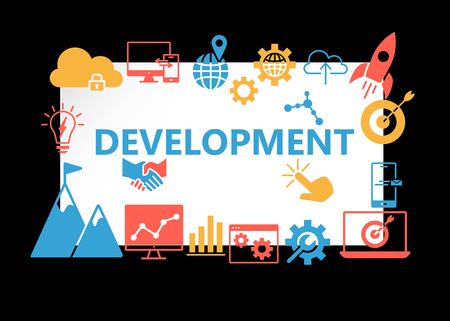 Development poster with icons set. Outline web icons pattern for SEO website banners apps development. Simple icons Background . Flat style vector illustrationのイラスト素材