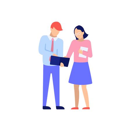 Business colleagues are reading documents and discussing in the office. Businessman and woman in the office. Office work concept. Flat style character vector illustration isolated on white background.のイラスト素材