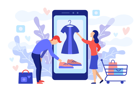 Mobile shopping consept. A man and a woman buy things in the online store. Shopping on social networks through phone flat design style. Online shopping vector illustration.のイラスト素材
