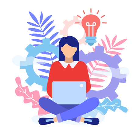 A woman is sitting on the floor with legs crossed and typing on laptop. Girl blogger work in social media. Freelancer concept. Flat style character vector illustration isolated on white background.のイラスト素材