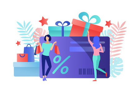 Discount card with percent sign and shopping girl. Creative vector illustration of the concept of sales with girls holding bags. Flat Character for an advertising banner or flyer.のイラスト素材
