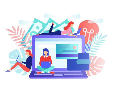 Social network, freelancer concept. Big laptop with girls. Girls blogger work in social media. Girls designers application Flat style character vector illustration isolated on white background.のイラスト素材