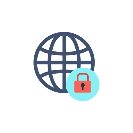 Globe with lock flat vector icon, earth flat sign isolated on white background. Internet protection concept. Network security.のイラスト素材