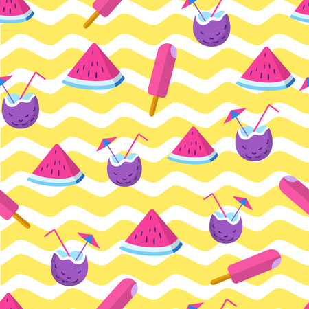 Summer time vacation seamless pattern. Funny ice cream, coconut cocktail and watermelon piece on yellow striped background. Tropical relaxation vector illustration. Design for wrapping paper.のイラスト素材