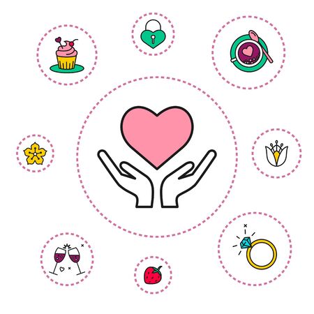 Valentines and Wedding icons in flat line design style.のイラスト素材