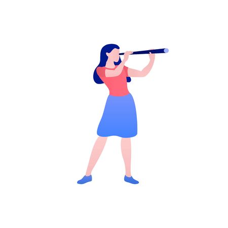 Business vision vector concept with businesswoman with telescope. Symbol of business visionary, leader, or new career opportunity. Vector Female cartoon character full length flat isolated.のイラスト素材