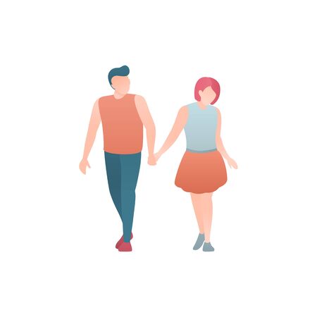 Lovers together flat graphics illustration. The concept of a relationship between two happy people, a man and a woman, a family couple, a husband and a beloved wife while walking and holding hands.のイラスト素材