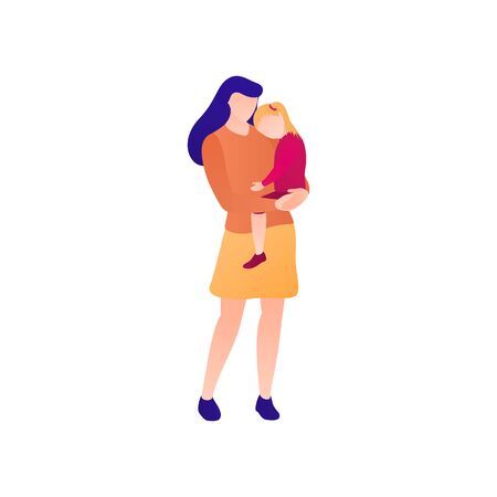 A woman with a baby in her arms a flat vector illustration. A young happy mother care, hugs and holding a baby in her arms. Girl stands in full height at leisure time and has fun with child.のイラスト素材