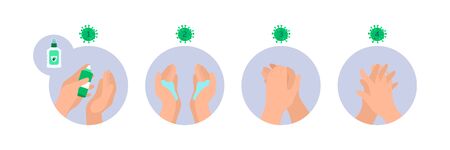 Hand sanitizer application infographic. Hygiene measures to maintain health during coronavirus. Instructions for use anti-bacterial spray. Covid-19 prevention, stop pandemic. Flat vector illustrationのイラスト素材
