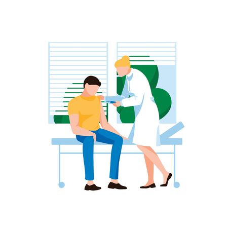 Doctor injecting flu shot vaccine to patient arm. Male character at hospital reception. Concept of virus protection, vaccanation and medichine. Viruses and disease prevention. Flat vector illustrationのイラスト素材