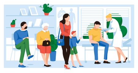 Female doctor makes injection of flu vaccine to patient man in hospital. People vaccination for immunity health. Various people in queue. Clinic room interior with furniture. Flat vector illustrationのイラスト素材