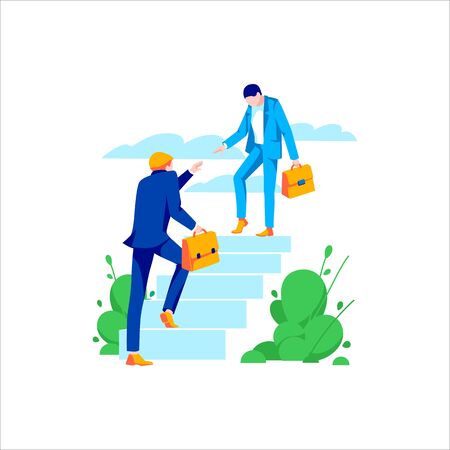 Two businessmen helping and growing together. Concept of development, motivation, success, achievement goal. Cartoon male characters go up stairs, isolated on white background.Flat vector illustrationのイラスト素材