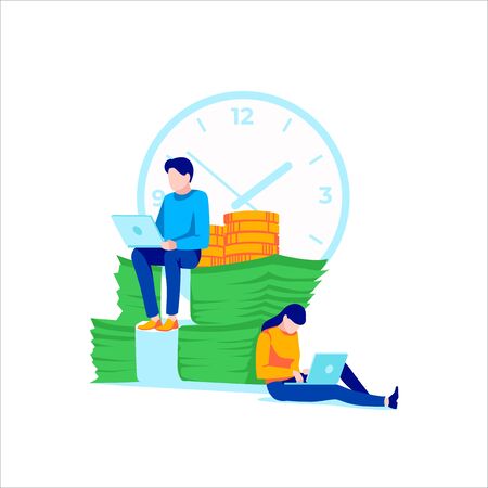 Business people sitting and working on laptop. Effective and productive teamwork, collective work, business. Concept of achievement goal, development, inspiration, motivation. Flat vector illustrationのイラスト素材