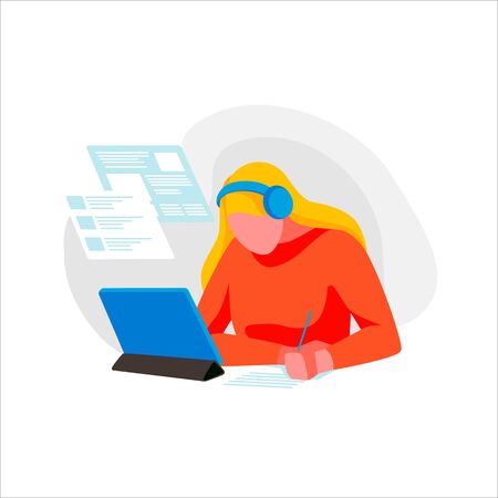 Student studying at home, isolated on a white background. Woman learning remotely. Concept of education and e-learning. Female character study in university or college online. Flat vector illustrationのイラスト素材