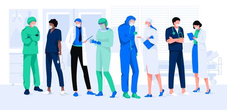 Set of doctors and nurses in hospital or clinic. Men and women in protective uniform and masks. Teamwork concept. Cartoon medical people or staff working in different poses. Flat  illustrationのイラスト素材