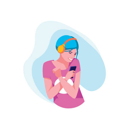 Teenage girl listening music on smartphone. Smiling dyed girl enjoying music with headphones. and dancing concept flat vector illustration isolated on white backgroundのイラスト素材