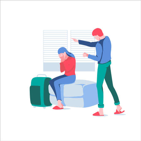 Husband shouting at wife. Man offending woman while she is crying sitting on couch with suitcase. Family conflict between spouses, divorce, relationship problems cartoon vector illustrationのイラスト素材
