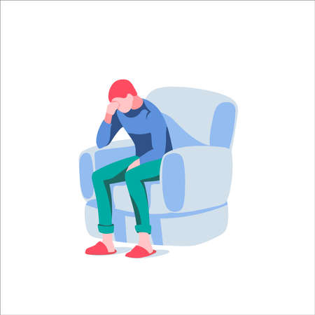 Upset man sitting on armchair. Despaired man sitting alone at home. Stress, depression, bad mood, breaking up, divorce cartoon vector illustration isolated on white backgroundのイラスト素材